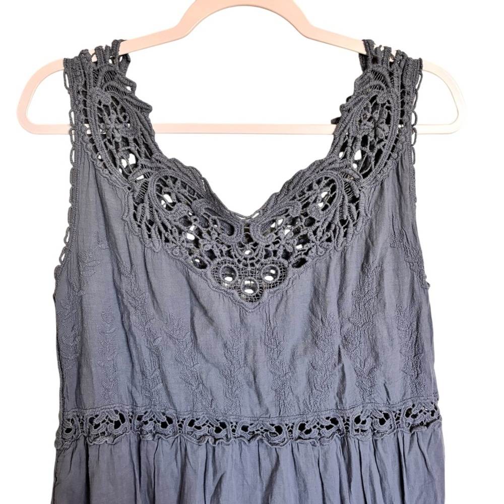 Slate Blue Boho Cotton Tiered Midi Summer Dress - M - Picture 4 of 5